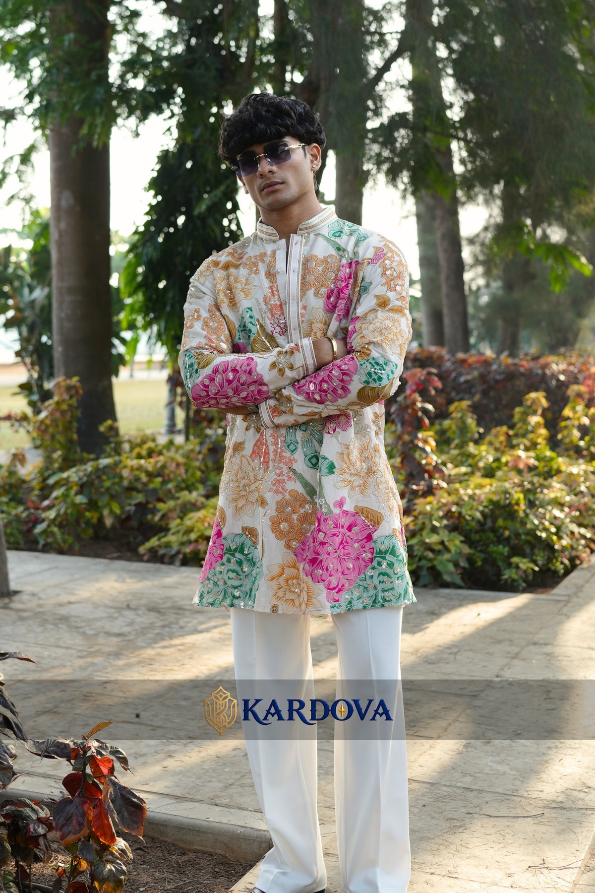 Multicolor Floral Carnival Short Kurta Set for men with Premium Korean Pants